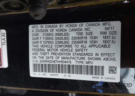 2017 Honda Cr-V Ex-L/Ex-L Navi from USA, damaged, VIN 2HKRW2H87HH634416